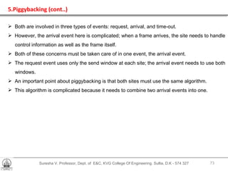 Suresha V. Professor, Dept. of  E&C, KVG College Of Engineering. Sullia, D.K - 574 327 5.Piggybacking (cont..) Both are involved in three types of events: request, arrival, and time-out. However, the arrival event here is complicated; when a frame arrives, the site needs to handle control information as well as the frame itself.  Both of these concerns must be taken care of in one event, the arrival event.  The request event uses only the send window at each site; the arrival event needs to use both windows. An important point about piggybacking is that both sites must use the same algorithm. This algorithm is complicated because it needs to combine two arrival events into one.  