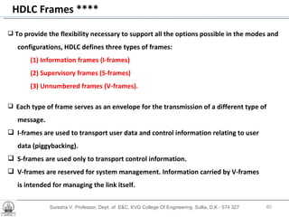 Suresha V. Professor, Dept. of  E&C, KVG College Of Engineering. Sullia, D.K - 574 327 HDLC Frames **** To provide the flexibility necessary to support all the options possible in the modes and configurations, HDLC defines three types of frames:  (1) Information frames (I-frames) (2) Supervisory frames (S-frames) (3) Unnumbered frames (V-frames). Each type of frame serves as an envelope for the transmission of a different type of message. I-frames are used to transport user data and control information relating to user  data (piggybacking). S-frames are used only to transport control information.  V-frames are reserved for system management. Information carried by V-frames  is intended for managing the link itself. 
