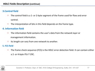 Suresha V. Professor, Dept. of  E&C, KVG College Of Engineering. Sullia, D.K - 574 327 HDLC Fields Description  (continue) 3.Control field  The control field is a 1- or 2-byte segment of the frame used for flow and error control.  The interpretation of bits in this field depends on the frame type.  4. Information field   The information field contains the user's data from the network layer or  management information.  Its length can vary from one network to another. 5. FCS field  The frame check sequence (FCS) is the HDLC error detection field. It can contain either a 2- or 4-byte ITU-T CRC. 