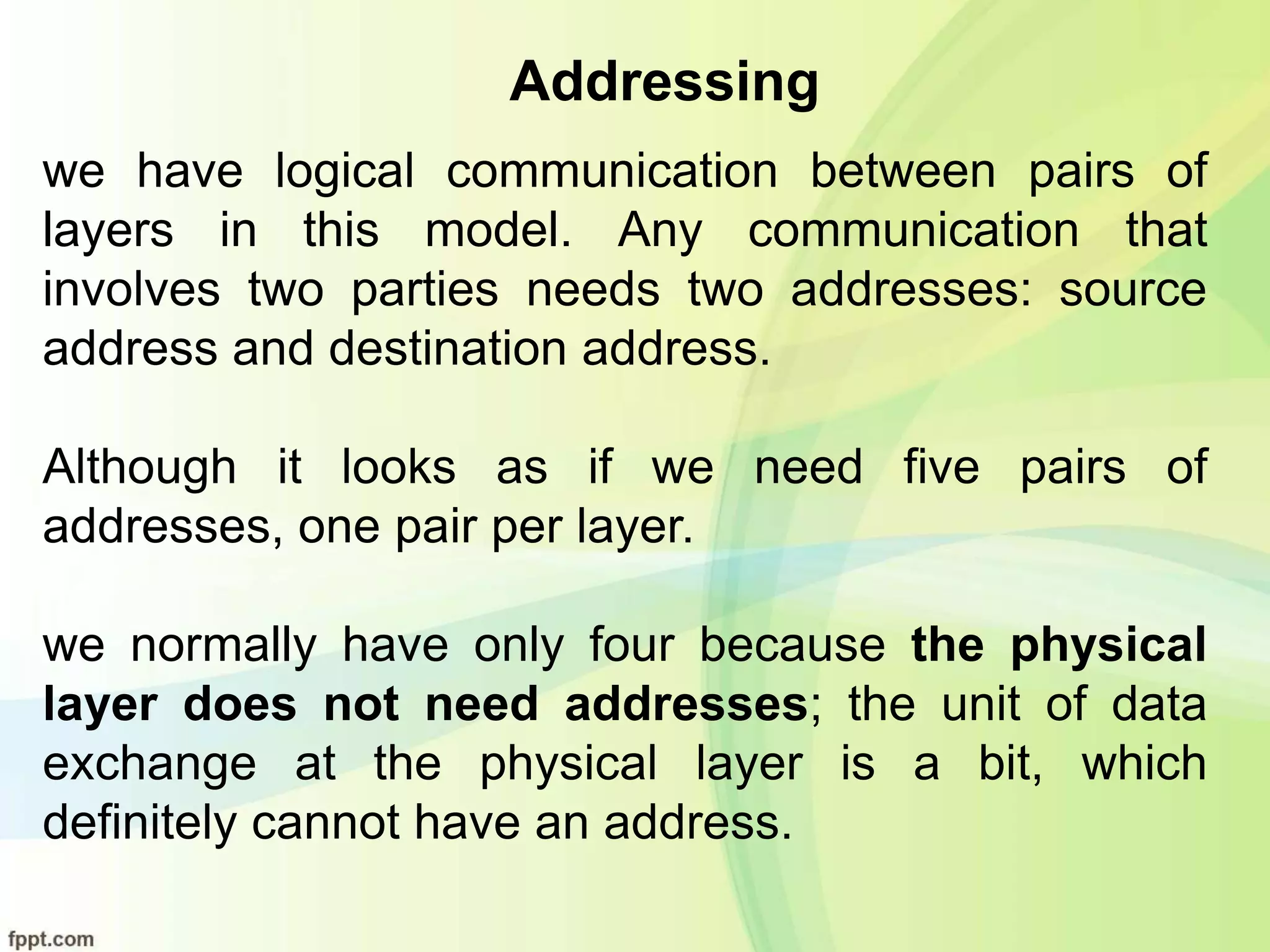 Addressing
we have logical communication between pairs of
layers in this model. Any communication that
involves two parties needs two addresses: source
address and destination address.
Although it looks as if we need five pairs of
addresses, one pair per layer.
we normally have only four because the physical
layer does not need addresses; the unit of data
exchange at the physical layer is a bit, which
definitely cannot have an address.
 