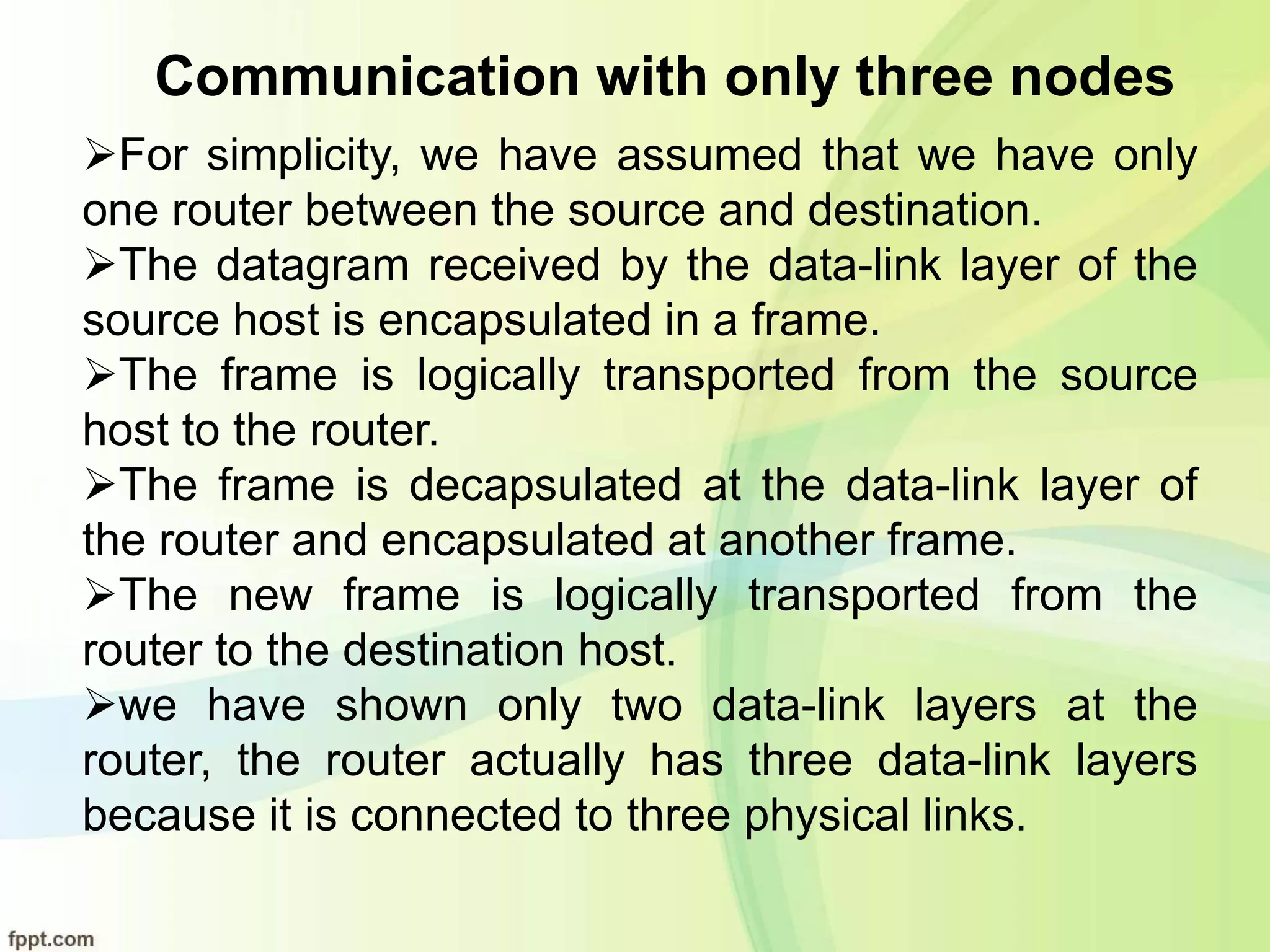 Communication with only three nodes
For simplicity, we have assumed that we have only
one router between the source and destination.
The datagram received by the data-link layer of the
source host is encapsulated in a frame.
The frame is logically transported from the source
host to the router.
The frame is decapsulated at the data-link layer of
the router and encapsulated at another frame.
The new frame is logically transported from the
router to the destination host.
we have shown only two data-link layers at the
router, the router actually has three data-link layers
because it is connected to three physical links.
 