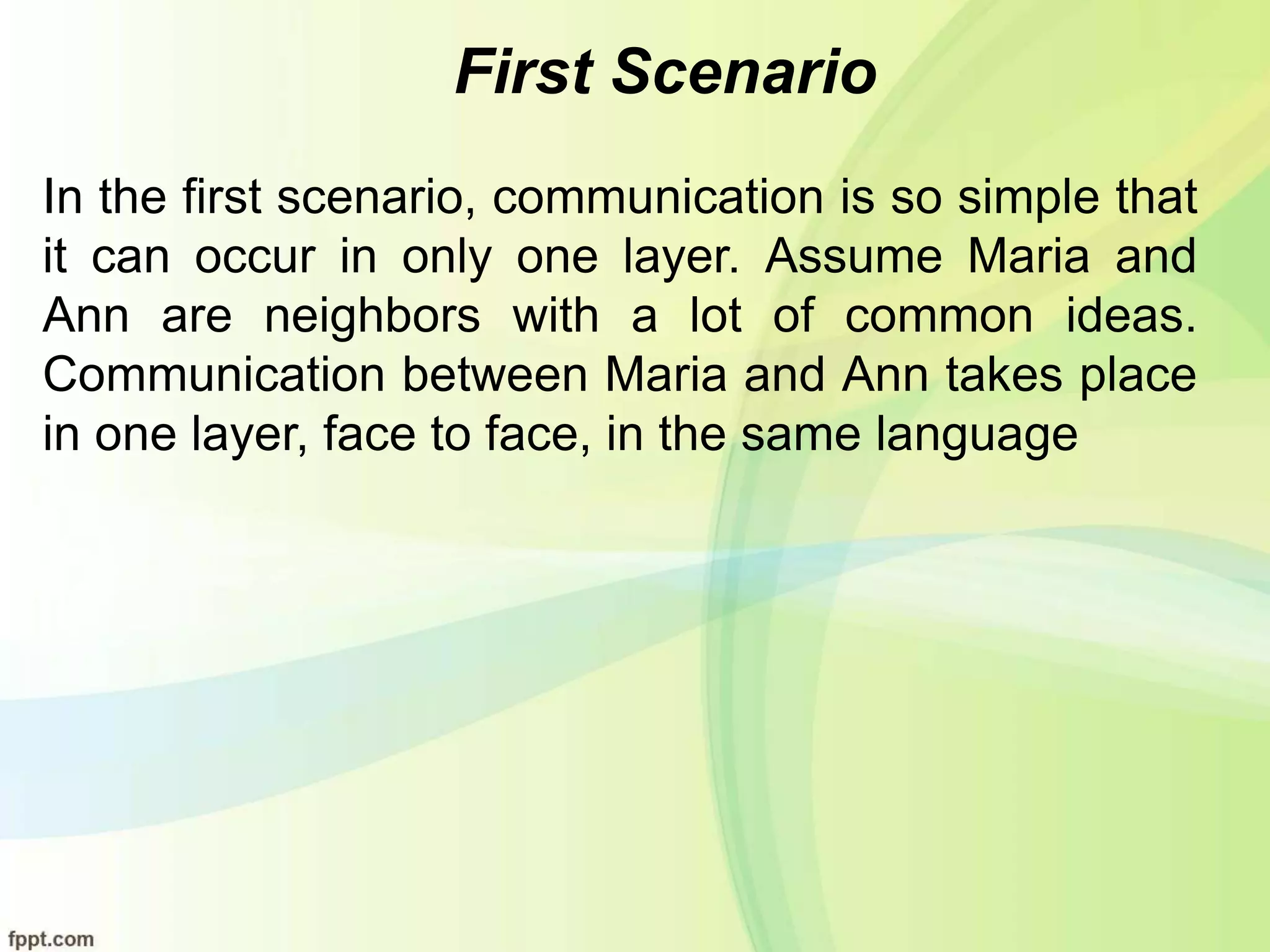 First Scenario
In the first scenario, communication is so simple that
it can occur in only one layer. Assume Maria and
Ann are neighbors with a lot of common ideas.
Communication between Maria and Ann takes place
in one layer, face to face, in the same language
 