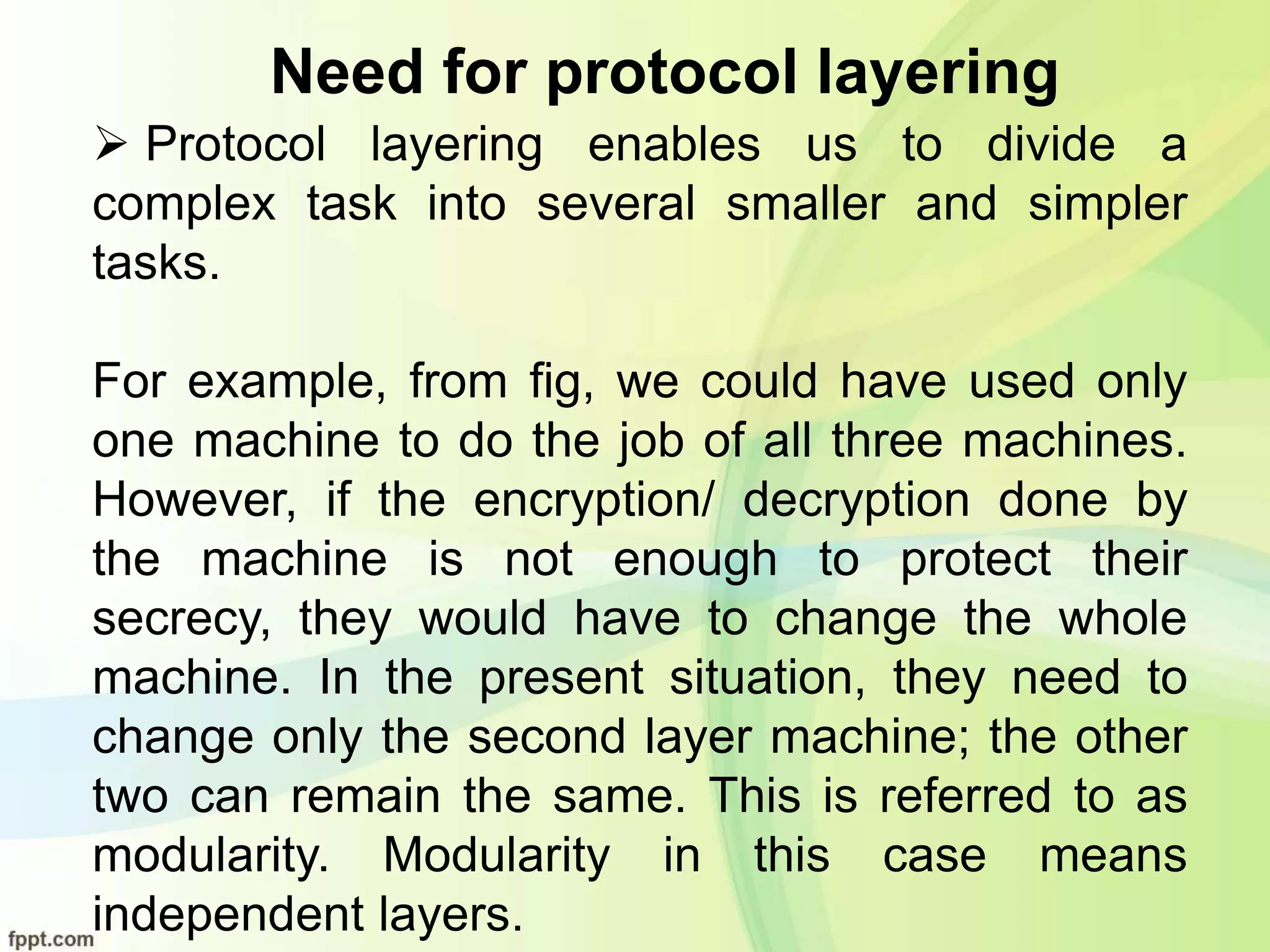 Need for protocol layering
 Protocol layering enables us to divide a
complex task into several smaller and simpler
tasks.
For example, from fig, we could have used only
one machine to do the job of all three machines.
However, if the encryption/ decryption done by
the machine is not enough to protect their
secrecy, they would have to change the whole
machine. In the present situation, they need to
change only the second layer machine; the other
two can remain the same. This is referred to as
modularity. Modularity in this case means
independent layers.
 