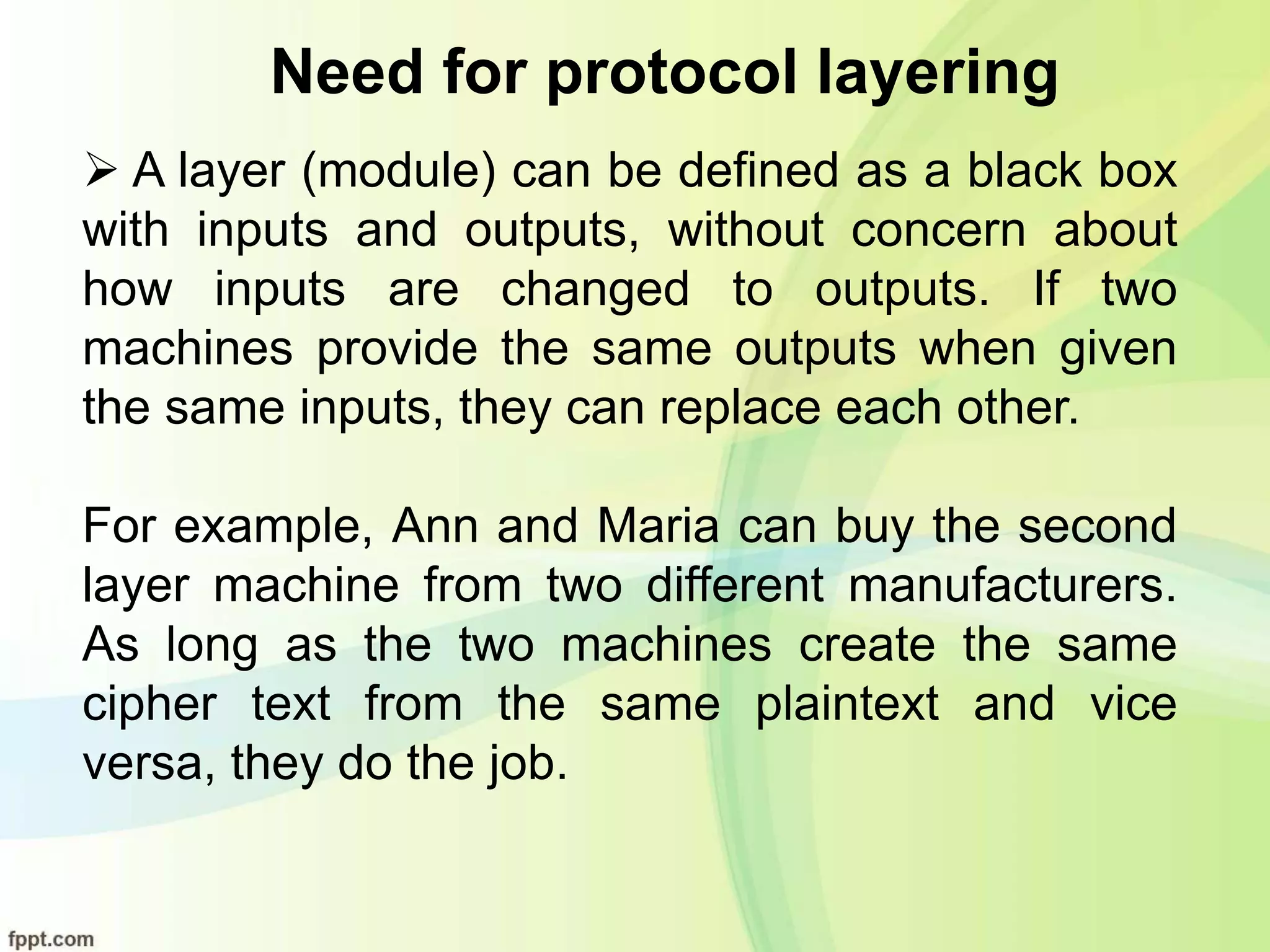 Need for protocol layering
 A layer (module) can be defined as a black box
with inputs and outputs, without concern about
how inputs are changed to outputs. If two
machines provide the same outputs when given
the same inputs, they can replace each other.
For example, Ann and Maria can buy the second
layer machine from two different manufacturers.
As long as the two machines create the same
cipher text from the same plaintext and vice
versa, they do the job.
 