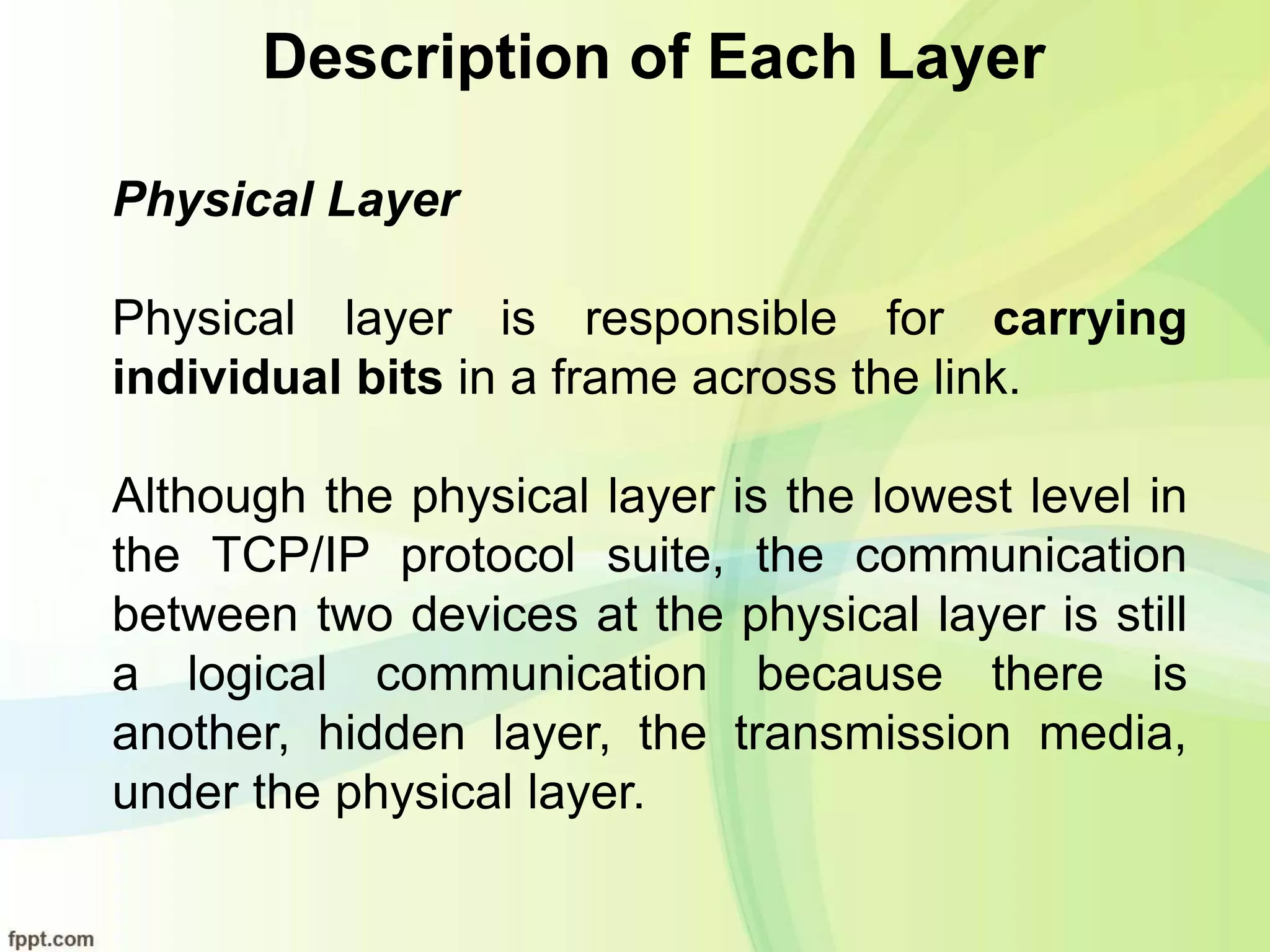 Description of Each Layer
Physical Layer
Physical layer is responsible for carrying
individual bits in a frame across the link.
Although the physical layer is the lowest level in
the TCP/IP protocol suite, the communication
between two devices at the physical layer is still
a logical communication because there is
another, hidden layer, the transmission media,
under the physical layer.
 