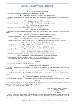 MINISTÈRE DU TRAVAIL, DE L’EMPLOI ET DE LA SANTÉ
MINISTÈRE DES SOLIDARITÉS ET DE LA COHÉSION SOCIALE
BO Santé – Protection sociale – Solidarité no
2011/1 du 15 février 2011, Page 354.
. .
IX. − APAJH 33 (33000 Bordeaux)
Accord d’entreprise du 15 décembre 2009 relatif à la GPEC.
X. − ADPEP des Pyrénées-Orientales (66334 Cabestany)
Accord d’entreprise du 14 janvier 2010 relatif à la formation professionnelle et au contrat inter-
mittent.
XI. − La Ligue havraise (76064 Le Havre)
Protocole d’accord du 30 novembre 2009 relatif au compte épargne-temps.
XII. − ADAPEI du Var (83100 Toulon)
Accord d’entreprise du 25 juin 2010 relatif à la GPEC.
XIII. − ADVSEA 84 (84000 Avignon)
Accord d’entreprise du 28 octobre 2008 relatif à la mise en place d’une mutuelle complémentaire
santé.
XIV. − Association Les Lauriers (85000 La Roche-sur-Yon)
Accord d’entreprise du 28 août 2009 relatif au compte épargne-temps.
XV. − Association Résidence Saint-Loup (89210 Brienon-sur-Armançon)
Accord d’entreprise du 26 mai 2009 relatif à la définition d’un statut applicable aux salariés.
XVI. − Association Perce-Neige (92415 Courbevoie)
Accord d’entreprise du 23 juin 2010 relatif au droit d’expression des salariés.
XVII. − CRP Jean-Pierre Timbaud (93108 Montreuil)
Accord du 14 septembre 2010 relatif à la revalorisation de la valeur du point.
XVIII. − Fondation Père Favron (97456 Saint-Pierre)
Accord d’entreprise du 7 juin 2010 relatif au droit individuel à la formation.
XIX. − Association Frédéric Levavasseur (97490 Sainte-Clotilde)
a) Accord du 1er
septembre 2010 relatif à la durée quotidienne du travail ;
b) Accord du 6 mai 2010 relatif au remboursement des frais de formation.
Article 2
Ne sont pas agréés les accords suivants :
I. − Association ALEFPA (59003 Lille)
Accord d’entreprise du 28 janvier 2010 relatif à la participation de l’employeur aux frais de
transport.
II. − Association des établissements du domaine Emmanuel (77515 Hautefeuille)
Accord d’entreprise du 16 mars 2010 relatif à la mise en place d’une mutuelle complémentaire
santé.
III. − Association L’Espoir (95290 L’Isle-Adam)
Avenant du 31 mai 2010 à l’accord du 19 octobre 2000 relatif à l’aménagement du temps de travail.
Article 3
Le directeur général de la cohésion sociale est chargé de l’exécution du présent arrêté, qui sera
publié au Journal officiel de la République française.
Fait à Paris, le 20 décembre 2010.
Pour la ministre et par délégation :
Le directeur général
de la cohésion sociale,
F. HEYRIÈS
Nota. – Les textes des accords cités à l’article 1er
(I, II et III) ci-dessus seront publiés au Bulletin
officiel de la santé no
01/11, disponible sur les sites intranet et internet des ministères de la santé et
des sports.
 