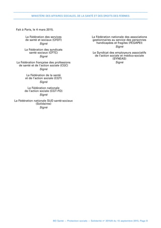 MINISTÈRE DES AFFAIRES SOCIALES, DE LA SANTÉ ET DES DROITS DES FEMMES
BO Santé – Protection sociale – Solidarité no
2015/8 du 15 septembre 2015, Page 8
Fait à Paris, le 4 mars 2015.
La Fédération des services
de santé et sociaux (CFDT)
Signé
La Fédération des syndicats
santé sociaux (CFTC)
Signé
La Fédération française des professions
de santé et de l’action sociale (CGC)
Signé
La Fédération de la santé
et de l’action sociale (CGT)
Signé
La Fédération nationale
de l’action sociale (CGT-FO)
Signé
La Fédération nationale SUD santé-sociaux
(Solidaires)
Signé
La Fédération nationale des associations
gestionnaires au service des personnes
handicapées et fragiles (FEGAPEI)
Signé
Le Syndicat des employeurs associatifs
de l’action sociale et médico-sociale
(SYNEAS)
Signé
 