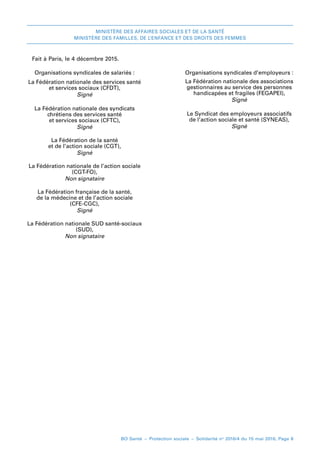 MINISTÈRE DES AFFAIRES SOCIALES ET DE LA SANTÉ
MINISTÈRE DES FAMILLES, DE L’ENFANCE ET DES DROITS DES FEMMES
BO Santé – Protection sociale – Solidarité no
2016/4 du 15 mai 2016, Page 8
Fait à Paris, le 4 décembre 2015.
Organisations syndicales de salariés : Organisations syndicales d’employeurs :
La Fédération nationale des services santé
et services sociaux (CFDT),
Signé
La Fédération nationale des associations
gestionnaires au service des personnes
handicapées et fragiles (FEGAPEI),
Signé
La Fédération nationale des syndicats
chrétiens des services santé
et services sociaux (CFTC),
Signé
Le Syndicat des employeurs associatifs
de l’action sociale et santé (SYNEAS),
Signé
La Fédération de la santé
et de l’action sociale (CGT),
Signé
La Fédération nationale de l’action sociale
(CGT-FO),
Non signataire
La Fédération française de la santé,
de la médecine et de l’action sociale
(CFE-CGC),
Signé
La Fédération nationale SUD santé-sociaux
(SUD),
Non signataire
 