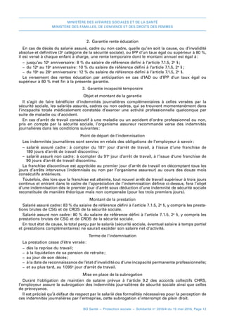 MINISTÈRE DES AFFAIRES SOCIALES ET DE LA SANTÉ
MINISTÈRE DES FAMILLES, DE L’ENFANCE ET DES DROITS DES FEMMES
BO Santé – Protection sociale – Solidarité no
2016/4 du 15 mai 2016, Page 12
2.  Garantie rente éducation
En cas de décès du salarié assuré, cadre ou non cadre, quelle qu’en soit la cause, ou d’invalidité
absolue et définitive (3e
catégorie de la sécurité sociale), ou IPP d’un taux égal ou supérieur à 80 %,
il est versé à chaque enfant à charge, une rente temporaire dont le montant annuel est égal à:
–– jusqu’au 12e
anniversaire: 8 % du salaire de référence défini à l’article 7.1.5, 2e
§ 
;
–– du 12e
au 19e
anniversaire: 10 % du salaire de référence défini à l’article 7.1.5, 2e
 § 
;
–– du 19e
au 26e
anniversaire: 12 % du salaire de référence défini à l’article 7.1.5, 2e
 §.
Le versement des rentes éducation par anticipation en cas d’IAD ou d’IPP d’un taux égal ou
supérieur à 80 % met fin à la présente garantie.
3.  Garantie incapacité temporaire
Objet et montant de la garantie
Il s’agit de faire bénéficier d’indemnités journalières complémentaires à celles versées par la
sécurité sociale, les salariés assurés, cadres ou non cadres, qui se trouvent momentanément dans
l’incapacité totale médicalement constatée d’exercer une activité professionnelle quelconque par
suite de maladie ou d’accident.
En cas d’arrêt de travail consécutif à une maladie ou un accident d’ordre professionnel ou non,
pris en compte par la sécurité sociale, l’organisme assureur recommandé verse des indemnités
journalières dans les conditions suivantes 
:
Point de départ de l’indemnisation
Les indemnités journalières sont servies en relais des obligations de l’employeur à savoir:
–– salarié assuré cadre 
: à compter  du 181e
jour d’arrêt de travail, à l’issue d’une franchise de
180 jours d’arrêt de travail discontinu 
;
–– salarié assuré non cadre 
: à compter du 91e
jour d’arrêt de travail, à l’issue d’une franchise de
90 jours d’arrêt de travail discontinu.
La franchise discontinue est appréciée au premier jour d’arrêt de travail en décomptant tous les
jours d’arrêts intervenus (indemnisés ou non par l’organisme assureur) au cours des douze mois
consécutifs antérieurs.
Toutefois, dès lors que la franchise est atteinte, tout nouvel arrêt de travail supérieur à trois jours
continus et entrant dans le cadre de l’appréciation de l’indemnisation définie ci-dessus, fera l’objet
d’une indemnisation dès le premier jour d’arrêt sous déduction d’une indemnité de sécurité sociale
reconstituée de manière théorique mais non compensée (pour les trois premiers jours).
Montant de la prestation
Salarié assuré cadre 
: 83 % du salaire de référence défini à l’article 7.1.5, 2e
 §, y compris les presta-
tions brutes de CSG et de CRDS de la sécurité sociale.
Salarié assuré non cadre 
: 80 % du salaire de référence défini à l’article 7.1.5, 2e
§, y compris les
prestations brutes de CSG et de CRDS de la sécurité sociale.
En tout état de cause, le total perçu par le salarié (sécurité sociale, éventuel salaire à temps partiel
et prestations complémentaires) ne saurait excéder son salaire net d’activité.
Terme de l’indemnisation
La prestation cesse d’être versée:
–– dès la reprise du travail 
;
–– à la liquidation de sa pension de retraite 
;
–– au jour de son décès 
;
–– à la date de reconnaissance de l’état d’invalidité ou d’une incapacité permanente professionnelle 
;
–– et au plus tard, au 1 095e
jour d’arrêt de travail.
Mise en place de la subrogation
Durant l’obligation de maintien de salaire prévue à l’article 9.2 des accords collectifs CHRS,
l’employeur assure la subrogation des indemnités journalières de sécurité sociale ainsi que celles
de prévoyance.
Il est précisé qu’à défaut de respect par le salarié des formalités nécessaires pour la perception de
ces indemnités journalières par l’entreprise, cette subrogation s’interrompt de plein droit.
 