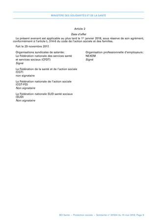 MINISTÈRE DES SOLIDARITÉS ET DE LA SANTÉ
BO Santé – Protection sociale – Solidarité no
2018/4 du 15 mai 2018, Page 9
Article 2
Date d’effet
Le présent avenant est applicable au plus tard le 1er
 janvier 2018, sous réserve de son agrément,
conformément à l’article L. 
314-6 du code de l’action sociale et des familles.
Fait leF 29 novembre 2017.
Organisations syndicales de salariés:	 Organisation professionnelle d’employeurs:
La Fédération nationale des services santé 	NEXEM
et services sociaux (CFDT)	 Signé
Signé
La Fédération de la santé et de l’action sociale
	(CGT)
non signataire
La Fédération nationale de l’action sociale
	(CGT-FO)
Non signataire
La Fédération nationale SUD santé sociaux
	(SUD)
Non signataire
 