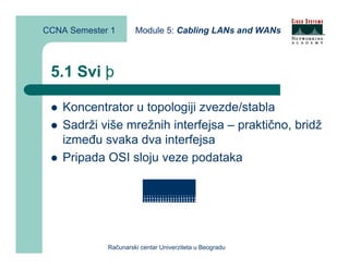 CCNA Semester 1       Module 5: Cabling LANs and WANs



 5.1 Sviþ

    Koncentrator u topologiji zvezde/stabla
    Sadrži više mrežnih interfejsa – praktično, bridž
    između svaka dva interfejsa
    Pripada OSI sloju veze podataka




             Računarski centar Univerziteta u Beogradu
 