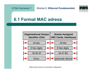 CCNA Semester 1       Module 6: Ethernet Fundamentals



 6.1 Format MAC adresa




             Računarski centar Univerziteta u Beogradu
 