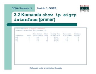 CCNA Semester 3            Module 3: EIGRP

 3.2 Komanda show ip eigrp
 interface (primer)
  Cisco-RMF#show ip eigrp interfaces
  IP-EIGRP interfaces for process 176

                      Xmit Queue    Mean    Pacing Time       Multicast    Pending
  Interface   Peers   Un/Reliable   SRTT    Un/Reliable       Flow Timer   Routes
  Et0           0         0/0          0        0/10               0           0
  Se0           0         0/0          0        5/190            250           0
  Se1           1         0/0         96        5/190            190           0




                  Računarski centar Univerziteta u Beogradu
 