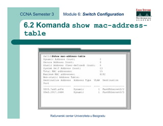 CCNA Semester 3       Module 6: Switch Configuration

 6.2 Komanda show mac-address-
 table




             Računarski centar Univerziteta u Beogradu
 