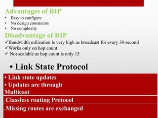 Advantages of RIP
• Easy to configure
• No design constraints
• No complexity
Disadvantage of RIP
Bandwidth utilization is very high as broadcast for every 30 second
Works only on hop count
 Not scalable as hop count is only 15
• Link State Protocol
• Link state updates
• Updates are through
Multicast
• Classless routing Protocol
• Missing routes are exchanged
 