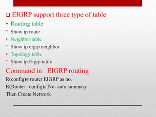  EIGRP support three type of table
• Routing table
‾ Show ip route
• Neighbor table
‾ Show ip eigrp neighbor
• Topology table
‾ Show ip Eigrp table
Command in EIGRP routing
R(config)# router EIGRP as no.
R(Router –config)# No- auto summary
Then Create Network
 