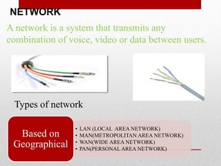 NETWORK
• LAN (LOCAL AREA NETWORK)
• MAN(METROPOLITAN AREA NETWORK)
• WAN(WIDE AREA NETWORK)
• PAN(PERSONAL AREA NETWORK)
Based on
Geographical
A network is a system that transmits any
combination of voice, video or data between users.
Types of network:
 