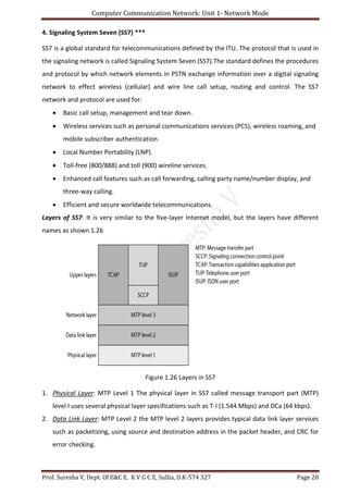 Computer Communication Network: Unit 1- Network Mode
Prof. Suresha V, Dept. Of E&C E. K V G C E, Sullia, D.K-574 327 Page 20
4. Signaling System Seven (SS7) ***
SS7 is a global standard for telecommunications defined by the ITU. The protocol that is used in
the signaling network is called Signaling System Seven (SS7).The standard defines the procedures
and protocol by which network elements in PSTN exchange information over a digital signaling
network to effect wireless (cellular) and wire line call setup, routing and control. The SS7
network and protocol are used for:
 Basic call setup, management and tear down.
 Wireless services such as personal communications services (PCS), wireless roaming, and
mobile subscriber authentication.
 Local Number Portability (LNP).
 Toll-free (800/888) and toll (900) wireline services.
 Enhanced call features such as call forwarding, calling party name/number display, and
three-way calling.
 Efficient and secure worldwide telecommunications.
Layers of SS7: It is very similar to the five-layer Internet model, but the layers have different
names as shown 1.26
Figure 1.26 Layers in SS7
1. Physical Layer: MTP Level 1 The physical layer in SS7 called message transport part (MTP)
level I uses several physical layer specifications such as T-l (1.544 Mbps) and DCa (64 kbps).
2. Data Link Layer: MTP Level 2 the MTP level 2 layers provides typical data link layer services
such as packetizing, using source and destination address in the packet header, and CRC for
error checking.
 
