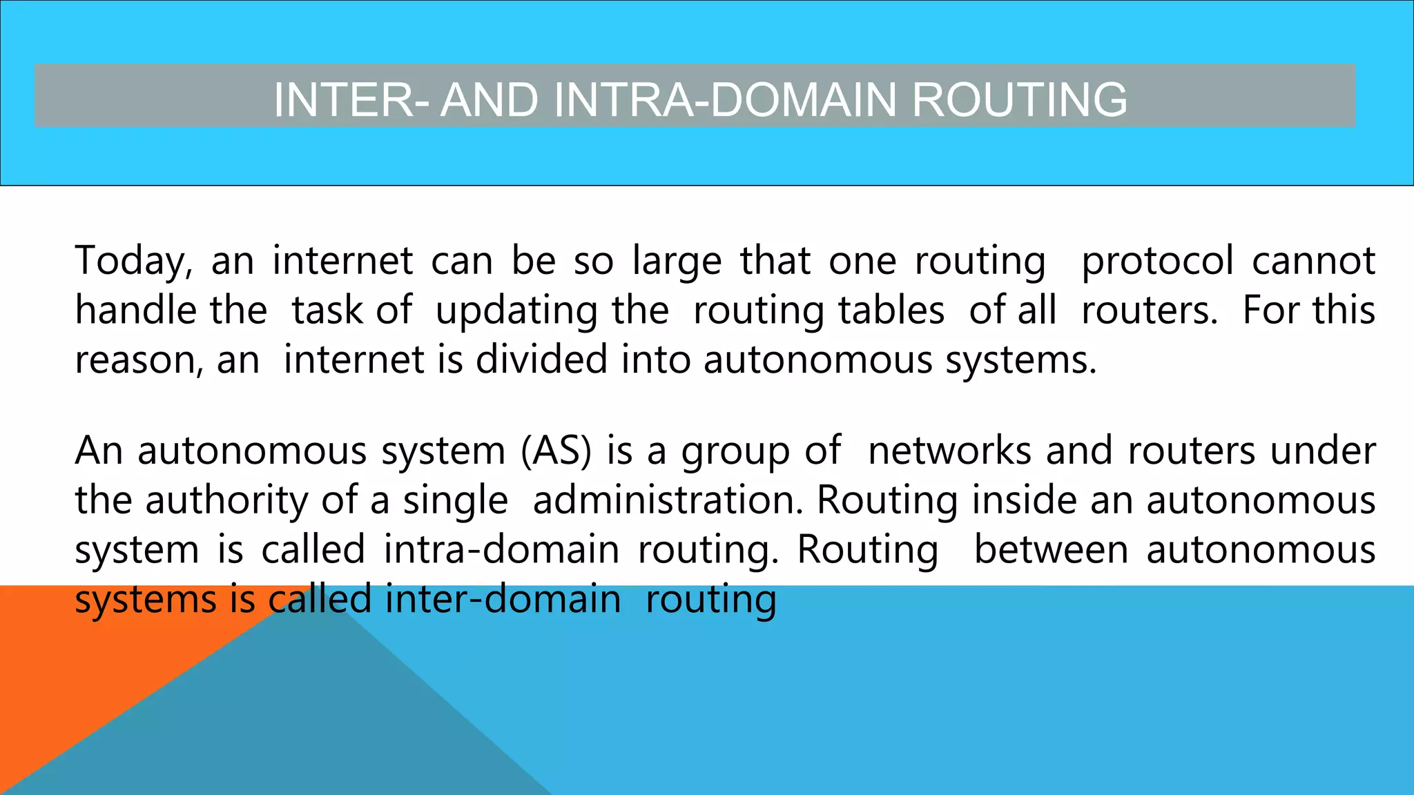 INTER- AND INTRA-DOMAIN ROUTING
Today, an internet can be so large that one routing protocol cannot
handle the task of updating the routing tables of all routers. For this
reason, an internet is divided into autonomous systems.
An autonomous system (AS) is a group of networks and routers under
the authority of a single administration. Routing inside an autonomous
system is called intra-domain routing. Routing between autonomous
systems is called inter-domain routing
 