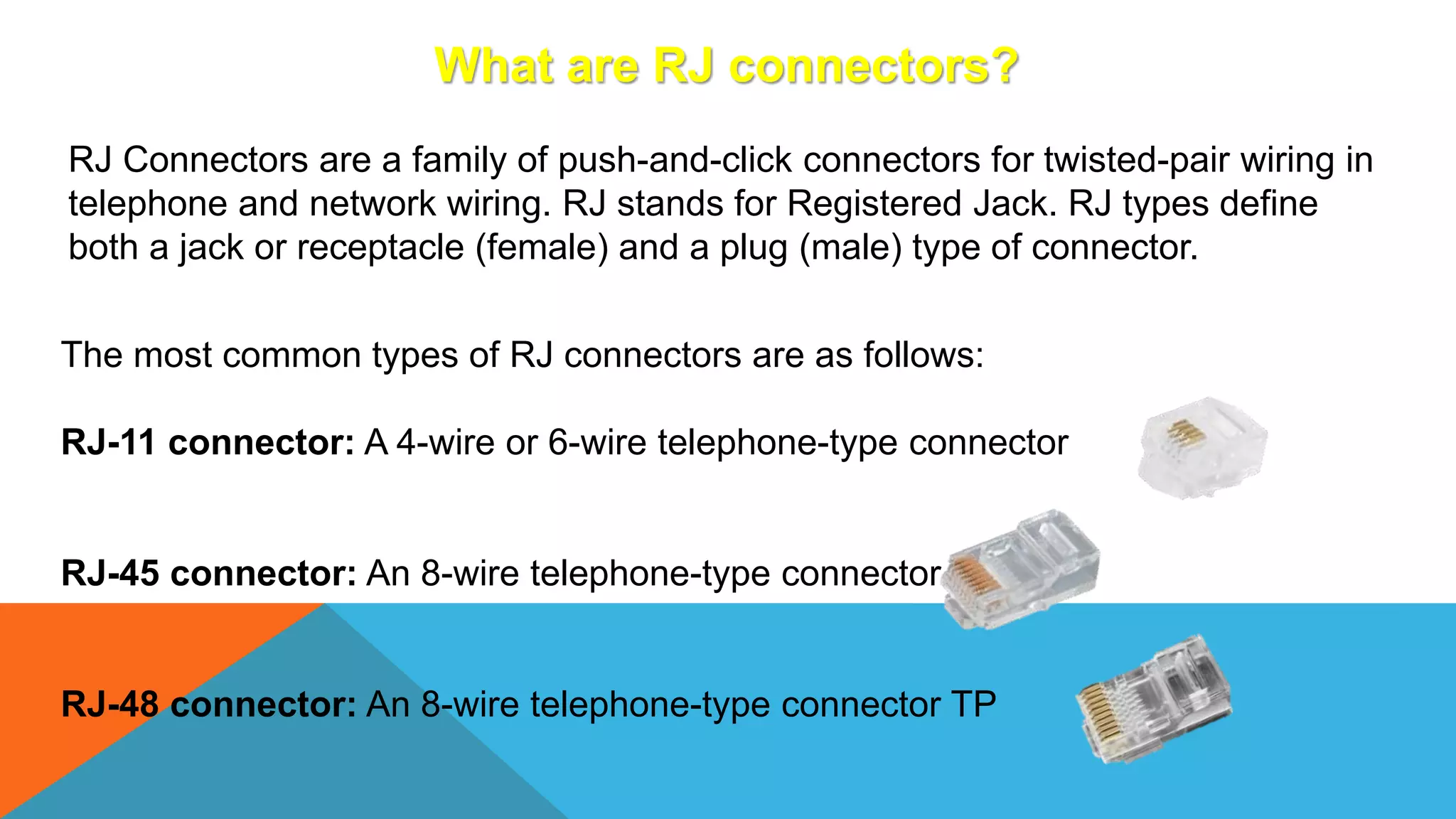 What are RJ connectors?
RJ Connectors are a family of push-and-click connectors for twisted-pair wiring in
telephone and network wiring. RJ stands for Registered Jack. RJ types define
both a jack or receptacle (female) and a plug (male) type of connector.
The most common types of RJ connectors are as follows:
RJ-11 connector: A 4-wire or 6-wire telephone-type connector
RJ-45 connector: An 8-wire telephone-type connector
RJ-48 connector: An 8-wire telephone-type connector TP
 