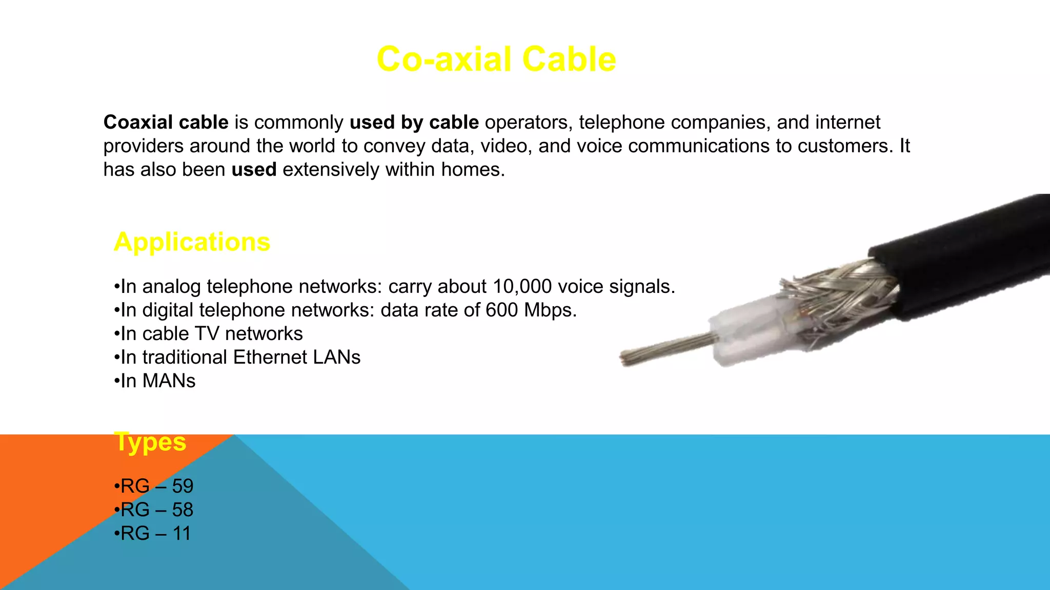 Coaxial cable is commonly used by cable operators, telephone companies, and internet
providers around the world to convey data, video, and voice communications to customers. It
has also been used extensively within homes.
Co-axial Cable
Applications
•In analog telephone networks: carry about 10,000 voice signals.
•In digital telephone networks: data rate of 600 Mbps.
•In cable TV networks
•In traditional Ethernet LANs
•In MANs
Types
•RG – 59
•RG – 58
•RG – 11
 