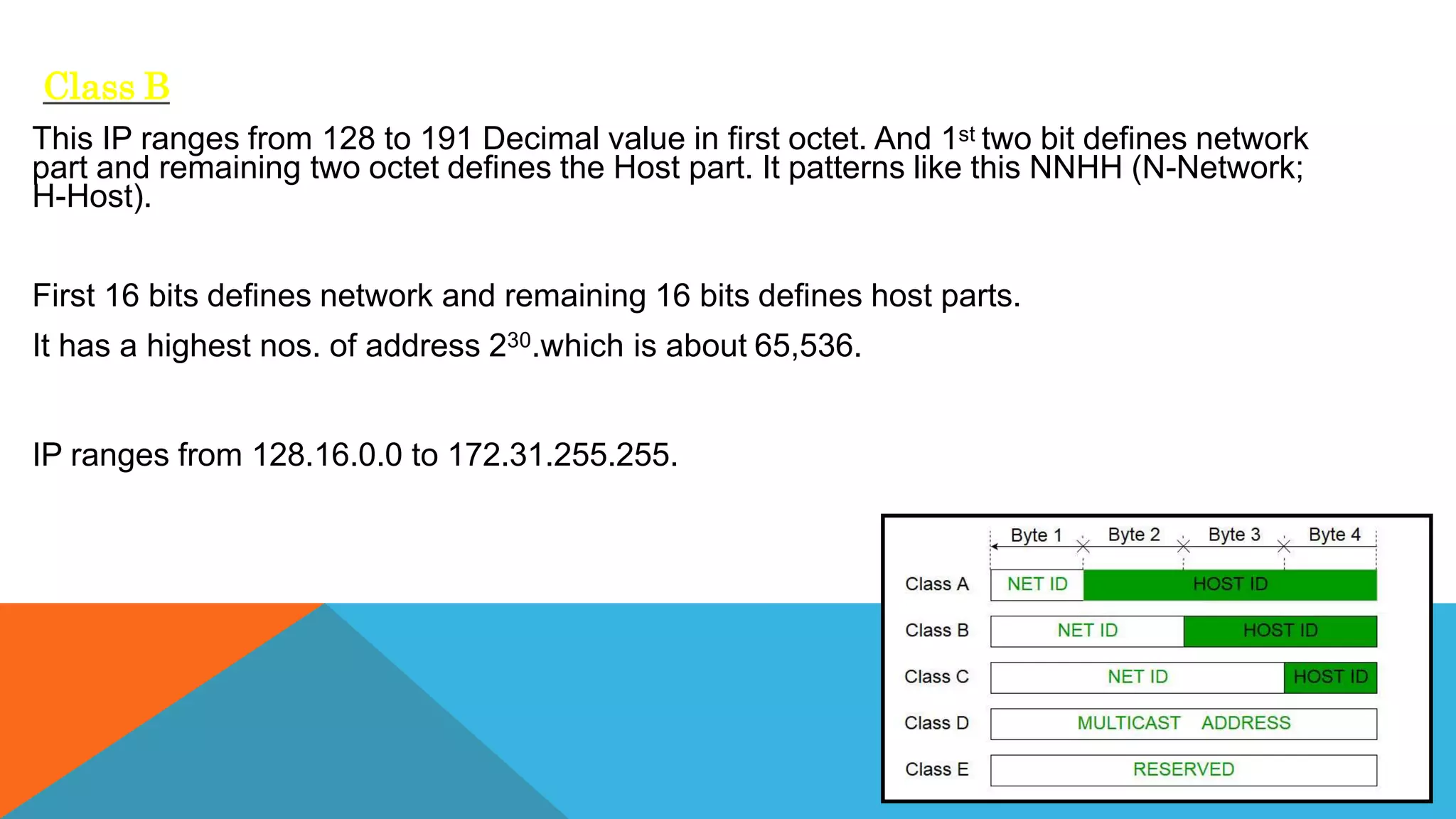 Class B
This IP ranges from 128 to 191 Decimal value in first octet. And 1st two bit defines network
part and remaining two octet defines the Host part. It patterns like this NNHH (N-Network;
H-Host).
First 16 bits defines network and remaining 16 bits defines host parts.
It has a highest nos. of address 230.which is about 65,536.
IP ranges from 128.16.0.0 to 172.31.255.255.
 