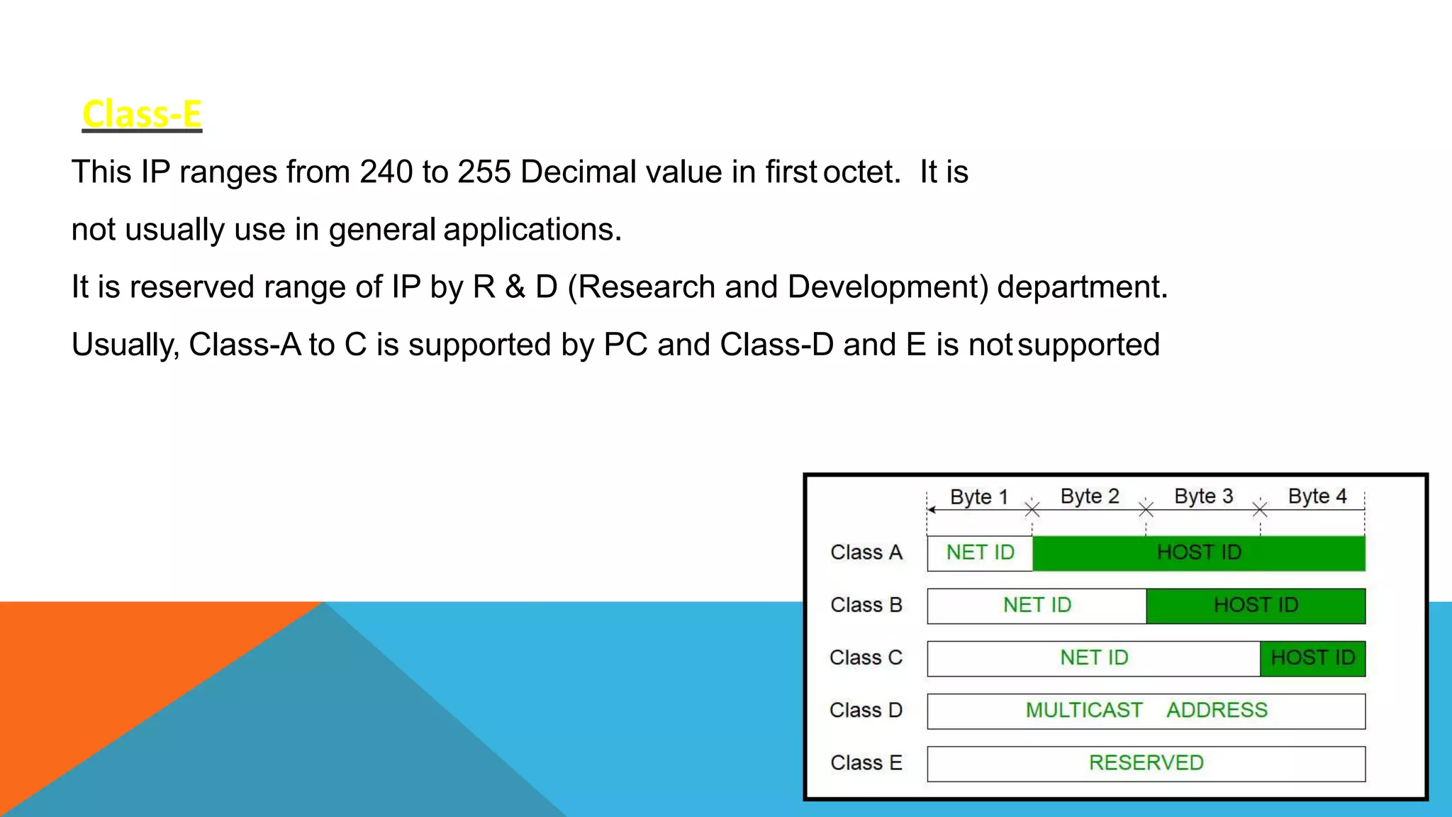 Class-E
This IP ranges from 240 to 255 Decimal value in first octet. It is
not usually use in general applications.
It is reserved range of IP by R & D (Research and Development) department.
Usually, Class-A to C is supported by PC and Class-D and E is notsupported.
 