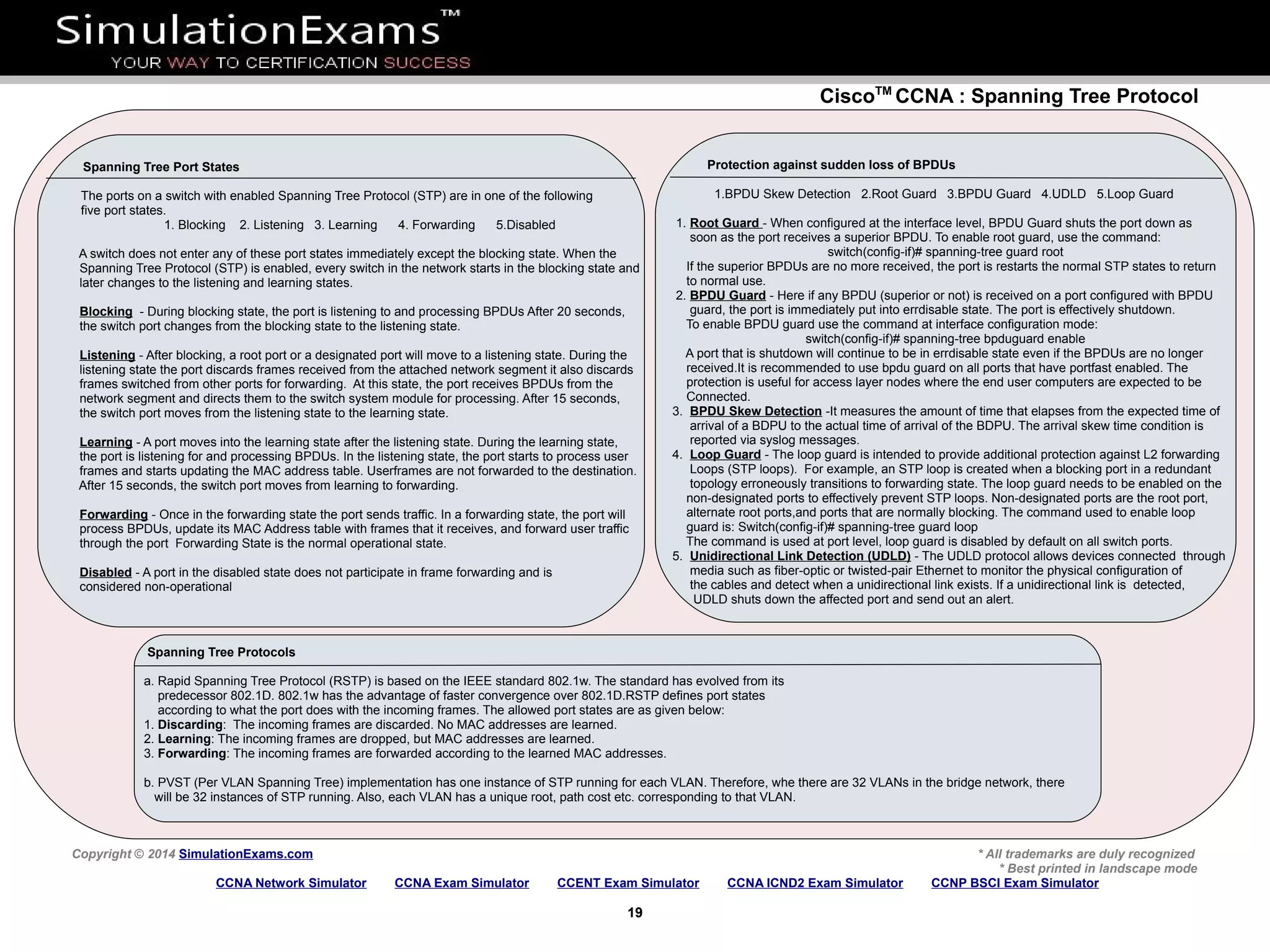 CiscoTM
CCNA : Spanning Tree Protocol
Copyright © 2014 SimulationExams.com * All trademarks are duly recognized
* Best printed in landscape mode
CCNA Network Simulator CCNA Exam Simulator CCENT Exam Simulator CCNA ICND2 Exam Simulator CCNP BSCI Exam Simulator
19
Spanning Tree Protocols
a. Rapid Spanning Tree Protocol (RSTP) is based on the IEEE standard 802.1w. The standard has evolved from its
predecessor 802.1D. 802.1w has the advantage of faster convergence over 802.1D.RSTP defines port states
according to what the port does with the incoming frames. The allowed port states are as given below:
1. Discarding: The incoming frames are discarded. No MAC addresses are learned.
2. Learning: The incoming frames are dropped, but MAC addresses are learned.
3. Forwarding: The incoming frames are forwarded according to the learned MAC addresses.
b. PVST (Per VLAN Spanning Tree) implementation has one instance of STP running for each VLAN. Therefore, whe there are 32 VLANs in the bridge network, there
will be 32 instances of STP running. Also, each VLAN has a unique root, path cost etc. corresponding to that VLAN.
Protection against sudden loss of BPDUs
1.BPDU Skew Detection 2.Root Guard 3.BPDU Guard 4.UDLD 5.Loop Guard
1. Root Guard - When configured at the interface level, BPDU Guard shuts the port down as
soon as the port receives a superior BPDU. To enable root guard, use the command:
switch(config-if)# spanning-tree guard root
If the superior BPDUs are no more received, the port is restarts the normal STP states to return
to normal use.
2. BPDU Guard - Here if any BPDU (superior or not) is received on a port configured with BPDU
guard, the port is immediately put into errdisable state. The port is effectively shutdown.
To enable BPDU guard use the command at interface configuration mode:
switch(config-if)# spanning-tree bpduguard enable
A port that is shutdown will continue to be in errdisable state even if the BPDUs are no longer
received.It is recommended to use bpdu guard on all ports that have portfast enabled. The
protection is useful for access layer nodes where the end user computers are expected to be
Connected.
3. BPDU Skew Detection -It measures the amount of time that elapses from the expected time of
arrival of a BDPU to the actual time of arrival of the BDPU. The arrival skew time condition is
reported via syslog messages.
4. Loop Guard - The loop guard is intended to provide additional protection against L2 forwarding
Loops (STP loops). For example, an STP loop is created when a blocking port in a redundant
topology erroneously transitions to forwarding state. The loop guard needs to be enabled on the
non-designated ports to effectively prevent STP loops. Non-designated ports are the root port,
alternate root ports,and ports that are normally blocking. The command used to enable loop
guard is: Switch(config-if)# spanning-tree guard loop
The command is used at port level, loop guard is disabled by default on all switch ports.
5. Unidirectional Link Detection (UDLD) - The UDLD protocol allows devices connected through
media such as fiber-optic or twisted-pair Ethernet to monitor the physical configuration of
the cables and detect when a unidirectional link exists. If a unidirectional link is detected,
UDLD shuts down the affected port and send out an alert.
Spanning Tree Port States
The ports on a switch with enabled Spanning Tree Protocol (STP) are in one of the following
five port states.
1. Blocking 2. Listening 3. Learning 4. Forwarding 5.Disabled
A switch does not enter any of these port states immediately except the blocking state. When the
Spanning Tree Protocol (STP) is enabled, every switch in the network starts in the blocking state and
later changes to the listening and learning states.
Blocking - During blocking state, the port is listening to and processing BPDUs After 20 seconds,
the switch port changes from the blocking state to the listening state.
Listening - After blocking, a root port or a designated port will move to a listening state. During the
listening state the port discards frames received from the attached network segment it also discards
frames switched from other ports for forwarding. At this state, the port receives BPDUs from the
network segment and directs them to the switch system module for processing. After 15 seconds,
the switch port moves from the listening state to the learning state.
Learning - A port moves into the learning state after the listening state. During the learning state,
the port is listening for and processing BPDUs. In the listening state, the port starts to process user
frames and starts updating the MAC address table. Userframes are not forwarded to the destination.
After 15 seconds, the switch port moves from learning to forwarding.
Forwarding - Once in the forwarding state the port sends traffic. In a forwarding state, the port will
process BPDUs, update its MAC Address table with frames that it receives, and forward user traffic
through the port Forwarding State is the normal operational state.
Disabled - A port in the disabled state does not participate in frame forwarding and is
considered non-operational
 