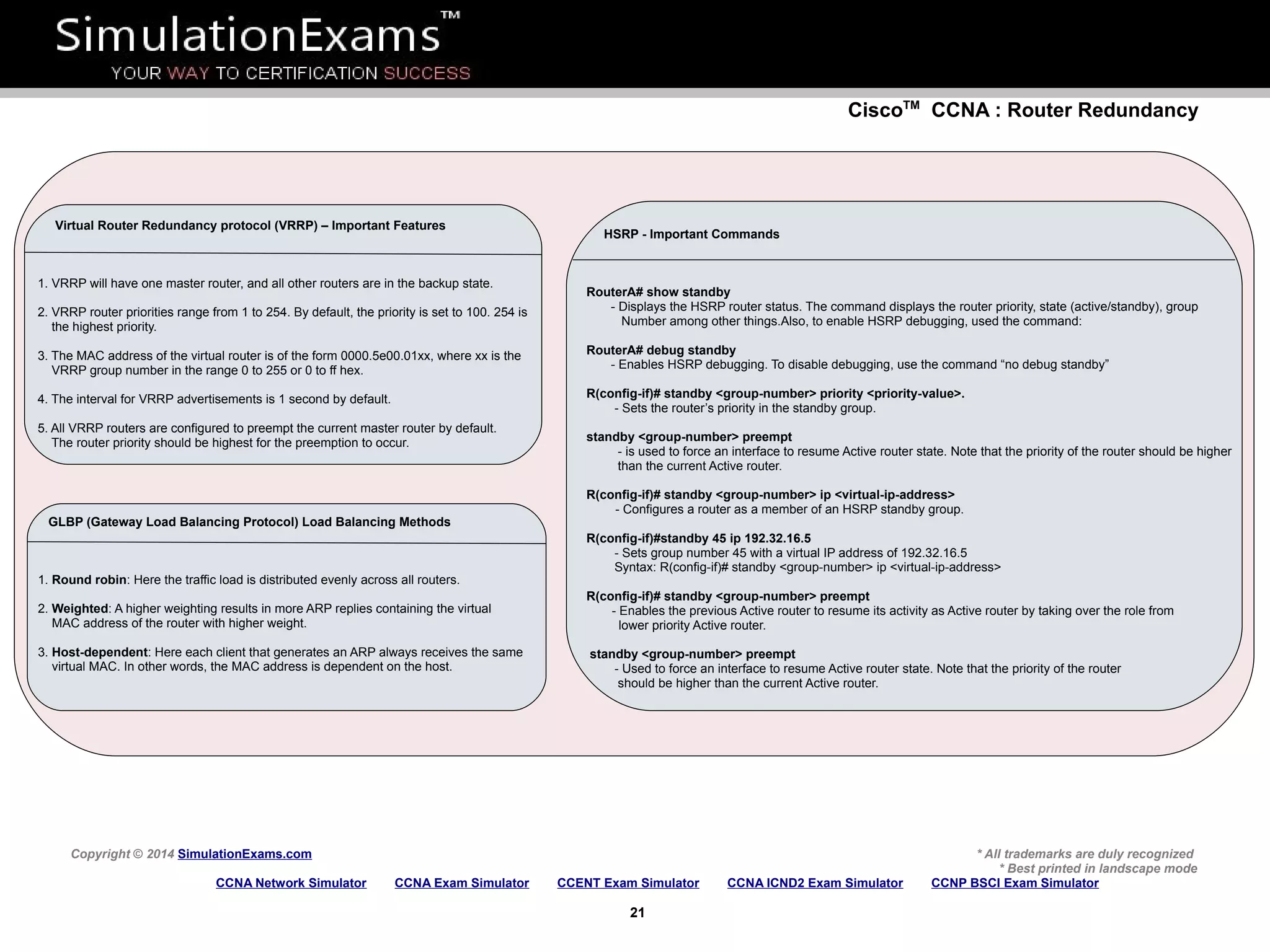 CiscoTM
CCNA : Router Redundancy
Copyright © 2014 SimulationExams.com * All trademarks are duly recognized
* Best printed in landscape mode
CCNA Network Simulator CCNA Exam Simulator CCENT Exam Simulator CCNA ICND2 Exam Simulator CCNP BSCI Exam Simulator
21
Virtual Router Redundancy protocol (VRRP) – Important Features
1. VRRP will have one master router, and all other routers are in the backup state.
2. VRRP router priorities range from 1 to 254. By default, the priority is set to 100. 254 is
the highest priority.
3. The MAC address of the virtual router is of the form 0000.5e00.01xx, where xx is the
VRRP group number in the range 0 to 255 or 0 to ff hex.
4. The interval for VRRP advertisements is 1 second by default.
5. All VRRP routers are configured to preempt the current master router by default.
The router priority should be highest for the preemption to occur.
GLBP (Gateway Load Balancing Protocol) Load Balancing Methods
1. Round robin: Here the traffic load is distributed evenly across all routers.
2. Weighted: A higher weighting results in more ARP replies containing the virtual
MAC address of the router with higher weight.
3. Host-dependent: Here each client that generates an ARP always receives the same
virtual MAC. In other words, the MAC address is dependent on the host.
HSRP - Important Commands
RouterA# show standby
- Displays the HSRP router status. The command displays the router priority, state (active/standby), group
Number among other things.Also, to enable HSRP debugging, used the command:
RouterA# debug standby
- Enables HSRP debugging. To disable debugging, use the command “no debug standby”
R(config-if)# standby <group-number> priority <priority-value>.
- Sets the router’s priority in the standby group.
standby <group-number> preempt
- is used to force an interface to resume Active router state. Note that the priority of the router should be higher
than the current Active router.
R(config-if)# standby <group-number> ip <virtual-ip-address>
- Configures a router as a member of an HSRP standby group.
R(config-if)#standby 45 ip 192.32.16.5
- Sets group number 45 with a virtual IP address of 192.32.16.5
Syntax: R(config-if)# standby <group-number> ip <virtual-ip-address>
R(config-if)# standby <group-number> preempt
- Enables the previous Active router to resume its activity as Active router by taking over the role from
lower priority Active router.
standby <group-number> preempt
- Used to force an interface to resume Active router state. Note that the priority of the router
should be higher than the current Active router.
 