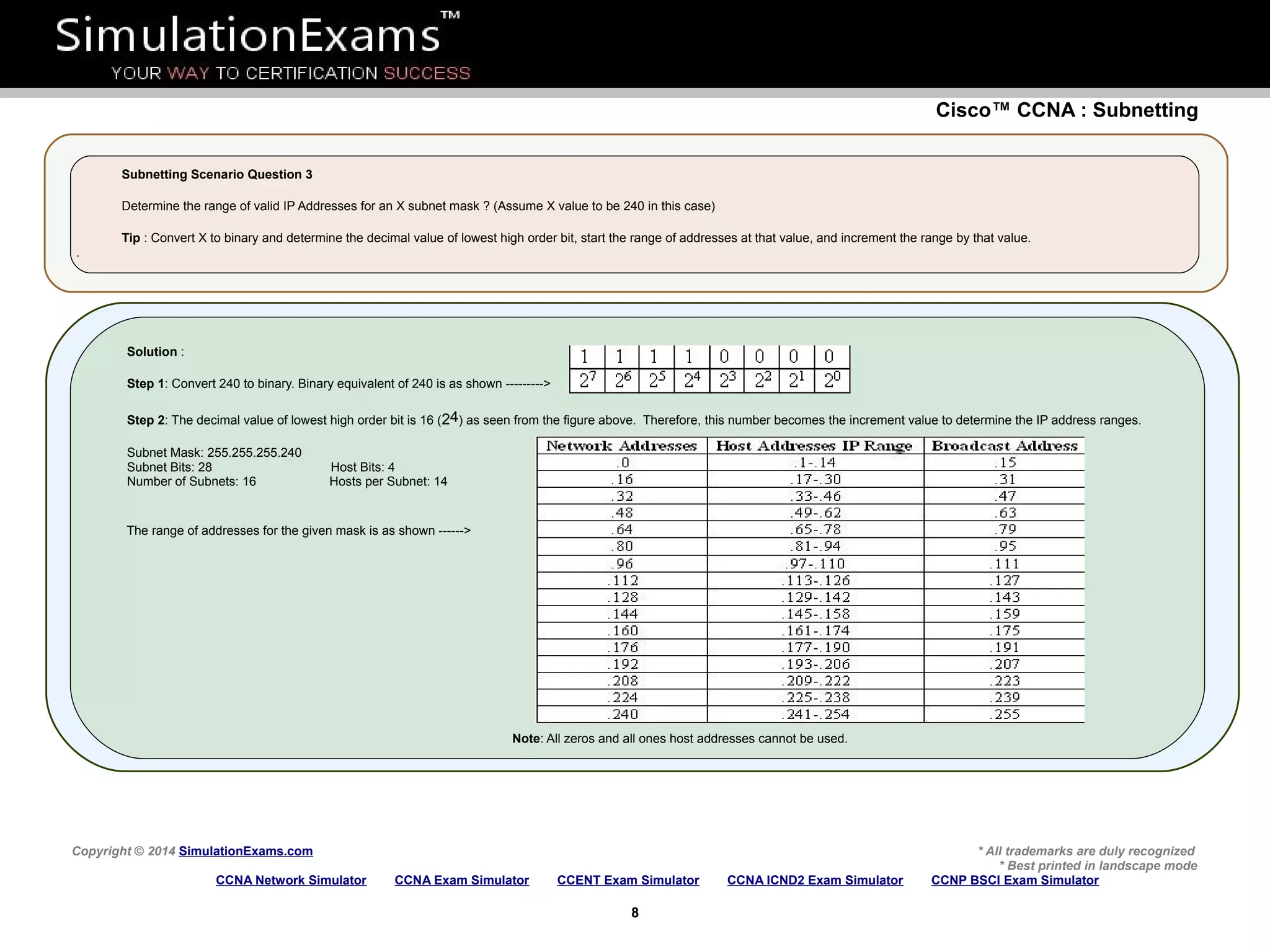 Cisco™ CCNA : Subnetting
Copyright © 2014 SimulationExams.com * All trademarks are duly recognized
* Best printed in landscape mode
CCNA Network Simulator CCNA Exam Simulator CCENT Exam Simulator CCNA ICND2 Exam Simulator CCNP BSCI Exam Simulator
8
Subnetting Scenario Question 3
Determine the range of valid IP Addresses for an X subnet mask ? (Assume X value to be 240 in this case)
Tip : Convert X to binary and determine the decimal value of lowest high order bit, start the range of addresses at that value, and increment the range by that value.
.
Solution :
Step 1: Convert 240 to binary. Binary equivalent of 240 is as shown --------->
Step 2: The decimal value of lowest high order bit is 16 (24) as seen from the figure above. Therefore, this number becomes the increment value to determine the IP address ranges.
Subnet Mask: 255.255.255.240
Subnet Bits: 28 Host Bits: 4
Number of Subnets: 16 Hosts per Subnet: 14
The range of addresses for the given mask is as shown ------>
Note: All zeros and all ones host addresses cannot be used.
 