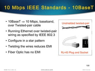 109
10 Mbps IEEE Standards - 10BaseT
• 10BaseT ⇒ 10 Mbps, baseband,
over Twisted-pair cable
• Running Ethernet over twisted-pair
wiring as specified by IEEE 802.3
• Configure in a star pattern
• Twisting the wires reduces EMI
• Fiber Optic has no EMI
Unshielded twisted-pair
RJ-45 Plug and Socket
 