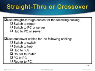 118
Straight-Thru or Crossover
Use straight-through cables for the following cabling:
 Switch to router
 Switch to PC or server
 Hub to PC or server
Use crossover cables for the following cabling:
 Switch to switch
 Switch to hub
 Hub to hub
 Router to router
 PC to PC
 Router to PC
 