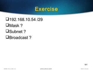 161
Exercise
192.168.10.54 /29
Mask ?
Subnet ?
Broadcast ?
 
