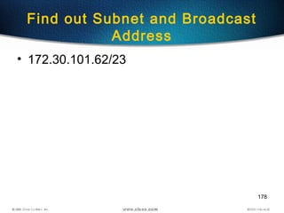178
Find out Subnet and Broadcast
Address
• 172.30.101.62/23
 
