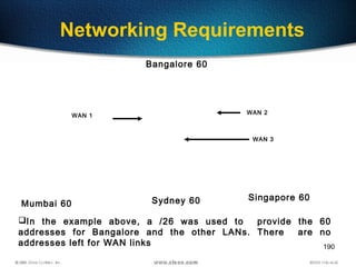 190
Networking Requirements
Bangalore 60
Mumbai 60 Sydney 60 Singapore 60
WAN 1
WAN 2
WAN 3
In the example above, a /26 was used to provide the 60
addresses for Bangalore and the other LANs. There are no
addresses left for WAN links
 