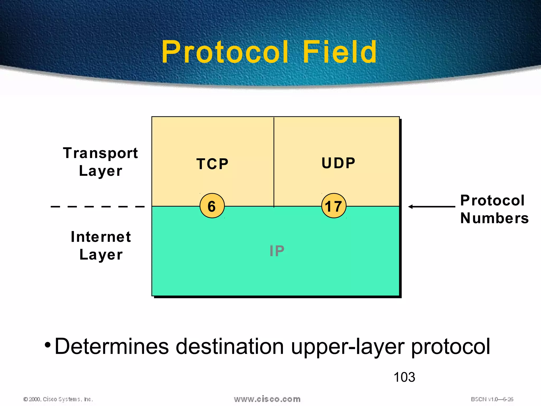 103
•Determines destination upper-layer protocol
Protocol Field
Transport
Layer
Internet
Layer
TCP UDP
Protocol
Numbers
IP
176
 