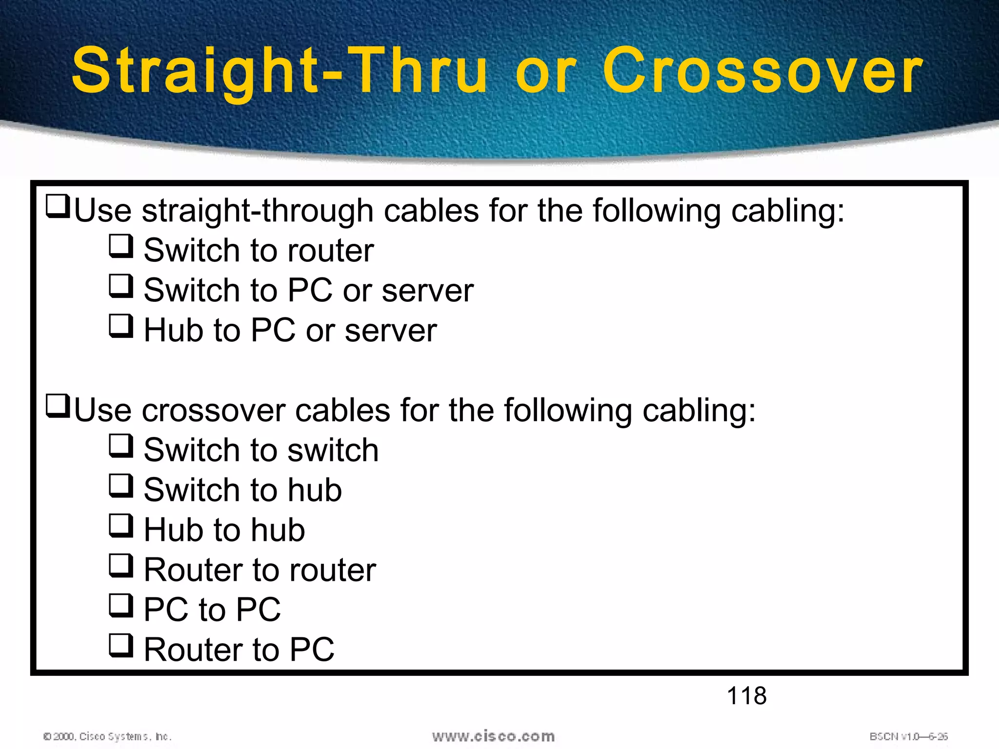 118
Straight-Thru or Crossover
Use straight-through cables for the following cabling:
 Switch to router
 Switch to PC or server
 Hub to PC or server
Use crossover cables for the following cabling:
 Switch to switch
 Switch to hub
 Hub to hub
 Router to router
 PC to PC
 Router to PC
 