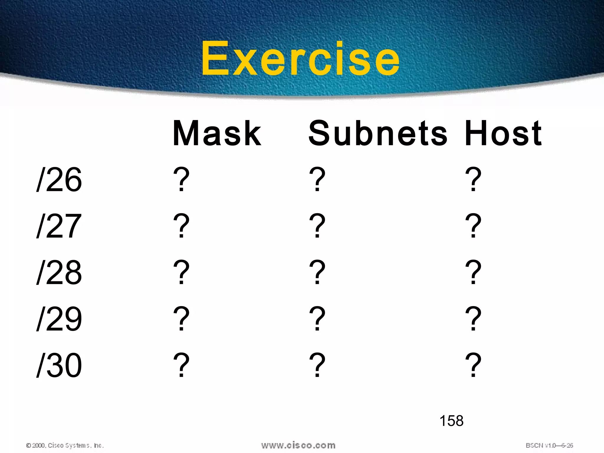 158
Exercise
Mask Subnets Host
/26 ? ? ?
/27 ? ? ?
/28 ? ? ?
/29 ? ? ?
/30 ? ? ?
 