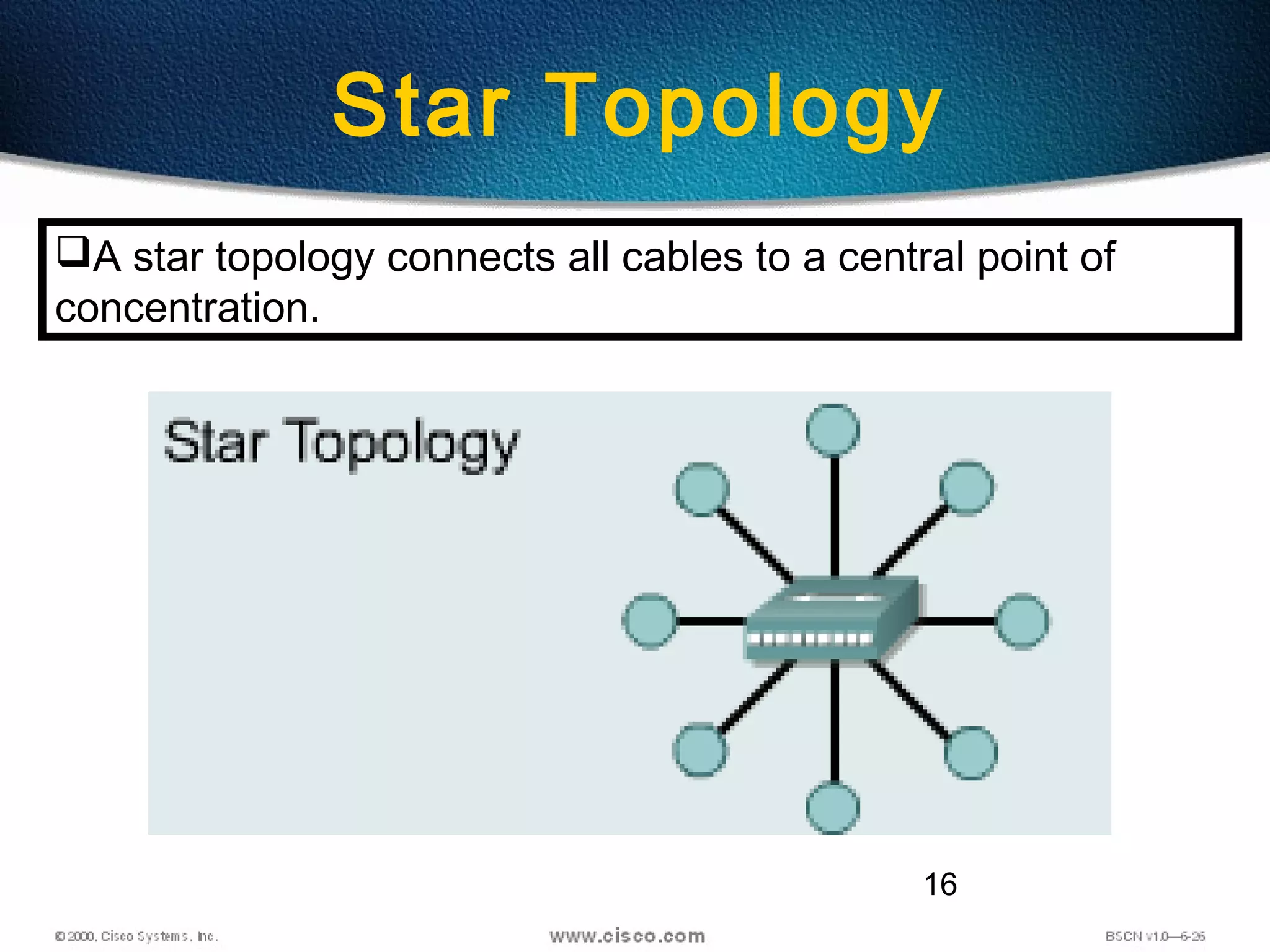 16
Star Topology
A star topology connects all cables to a central point of
concentration.
 