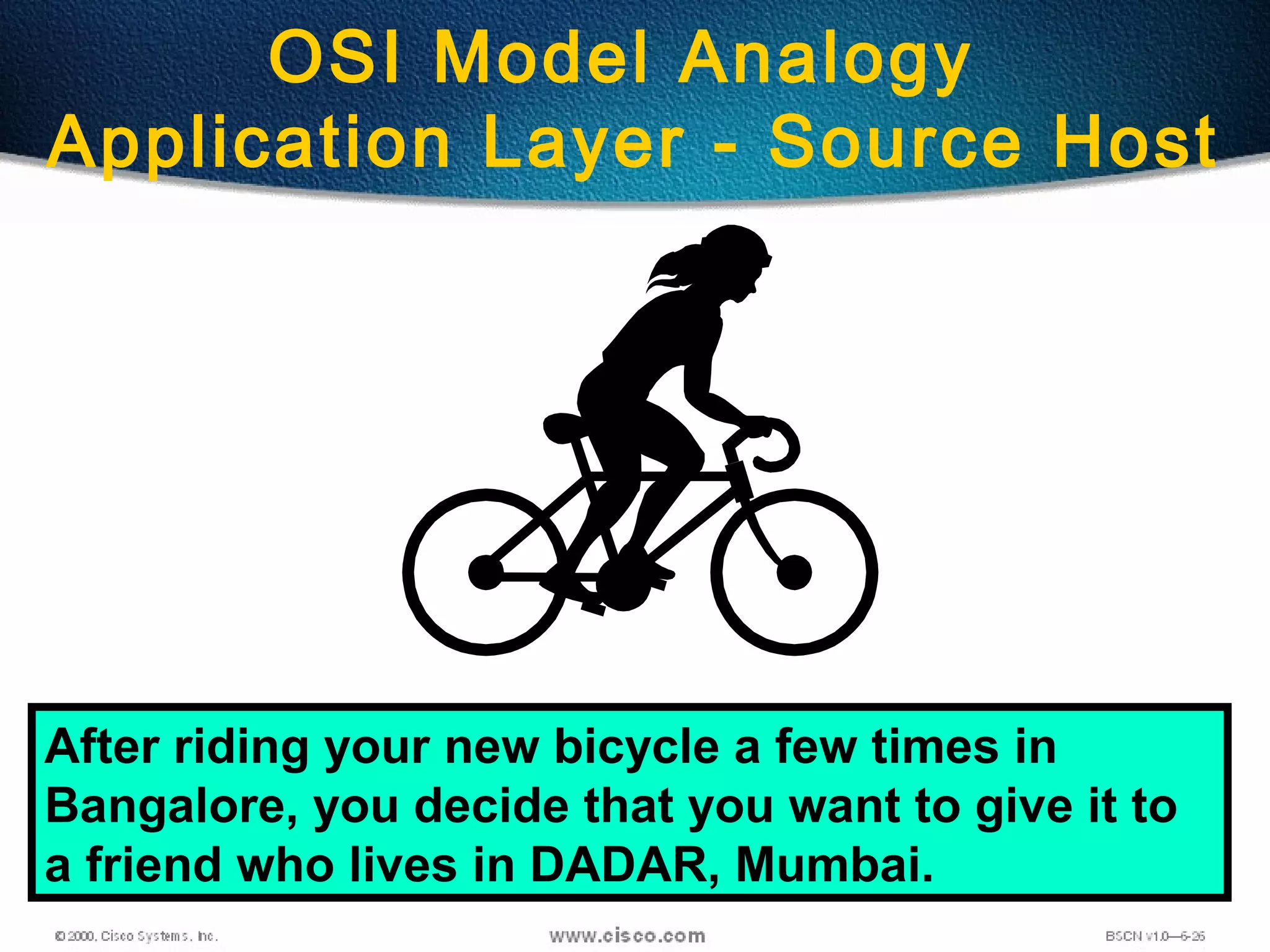 46
OSI Model Analogy
Application Layer - Source Host
After riding your new bicycle a few times in
Bangalore, you decide that you want to give it to
a friend who lives in DADAR, Mumbai.
 