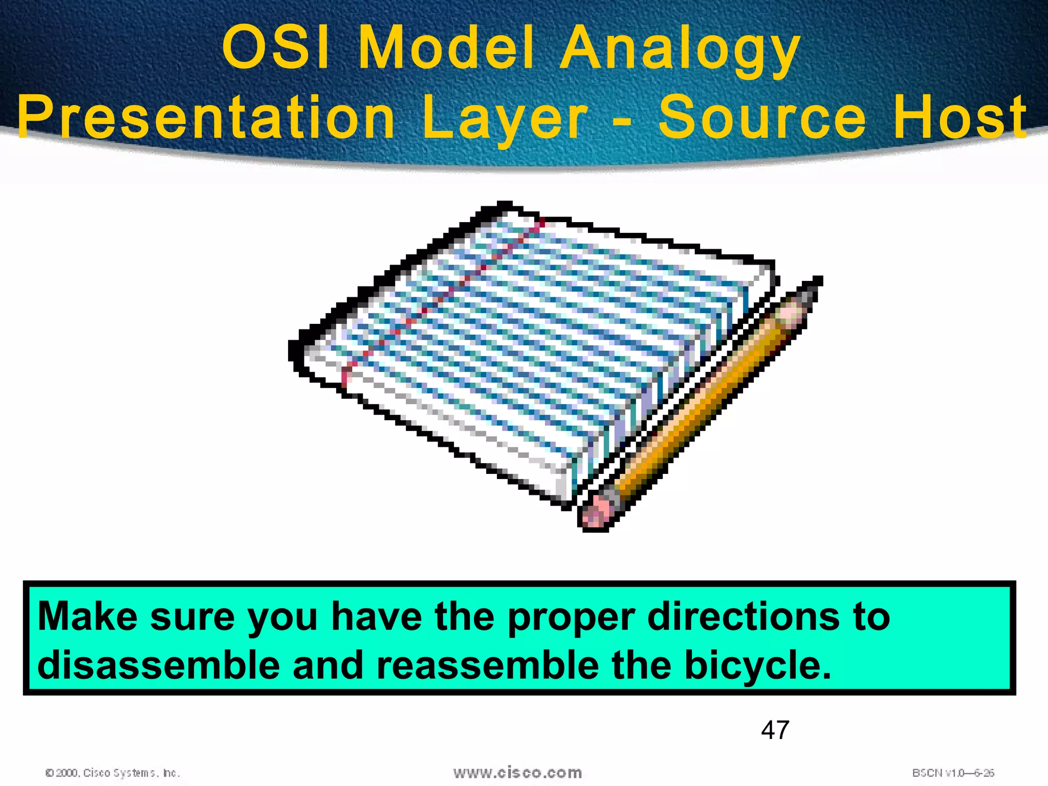 47
OSI Model Analogy
Presentation Layer - Source Host
Make sure you have the proper directions to
disassemble and reassemble the bicycle.
 