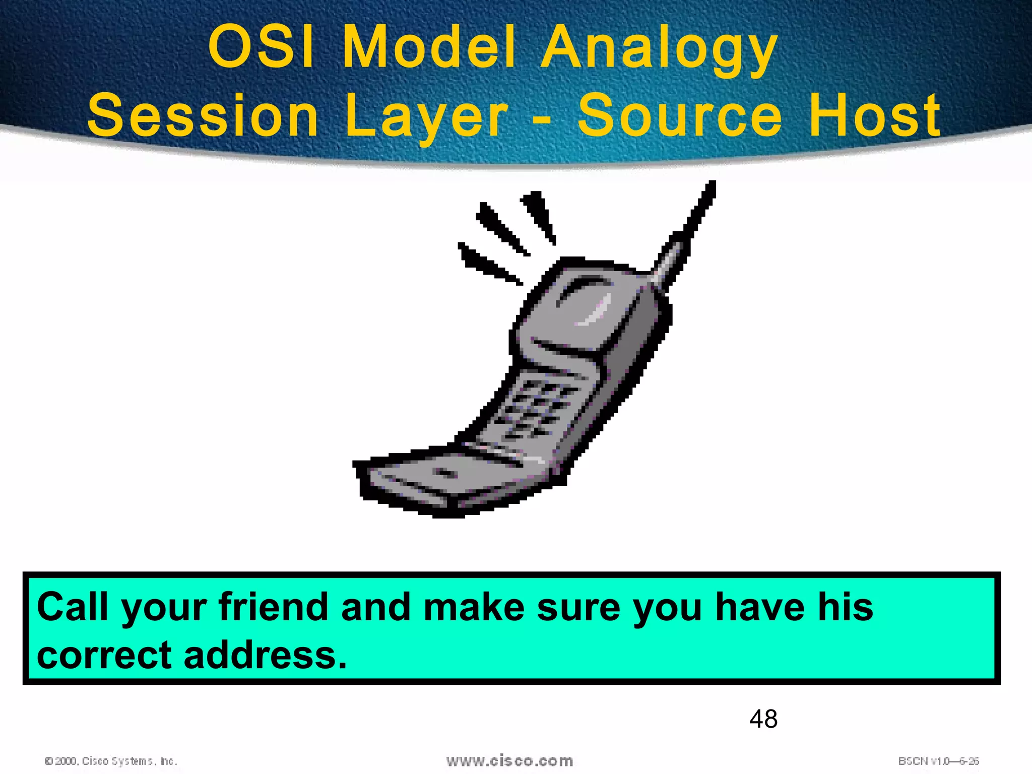 48
OSI Model Analogy
Session Layer - Source Host
Call your friend and make sure you have his
correct address.
 