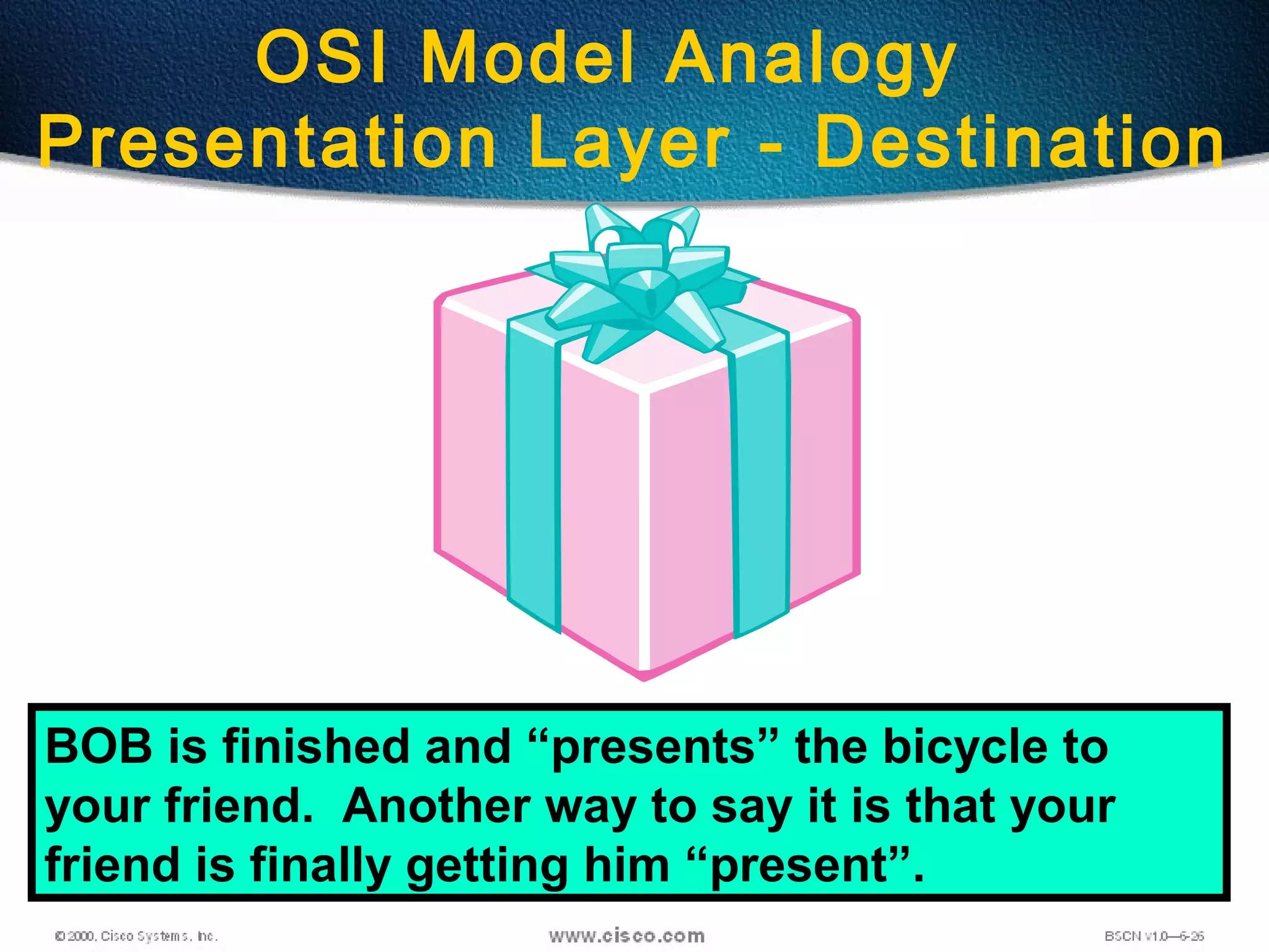57
OSI Model Analogy
Presentation Layer - Destination
BOB is finished and “presents” the bicycle to
your friend. Another way to say it is that your
friend is finally getting him “present”.
 