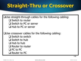 118
Straight-Thru or Crossover
Use straight-through cables for the following cabling:
 Switch to router
 Switch to PC or server
 Hub to PC or server
Use crossover cables for the following cabling:
 Switch to switch
 Switch to hub
 Hub to hub
 Router to router
 PC to PC
 Router to PC
 