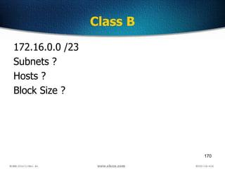 170
Class B
172.16.0.0 /23
Subnets ?
Hosts ?
Block Size ?
 