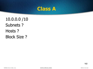 182
Class A
10.0.0.0 /10
Subnets ?
Hosts ?
Block Size ?
 