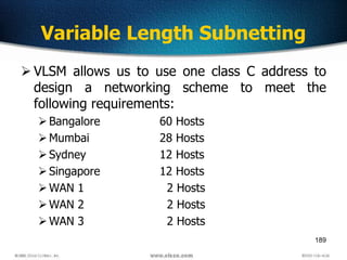 189
Variable Length Subnetting
 VLSM allows us to use one class C address to
design a networking scheme to meet the
following requirements:
Bangalore 60 Hosts
Mumbai 28 Hosts
Sydney 12 Hosts
Singapore 12 Hosts
WAN 1 2 Hosts
WAN 2 2 Hosts
WAN 3 2 Hosts
 