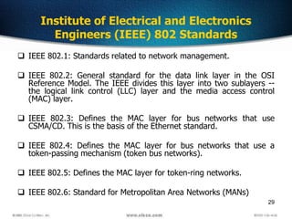 29
Institute of Electrical and Electronics
Engineers (IEEE) 802 Standards
 IEEE 802.1: Standards related to network management.
 IEEE 802.2: General standard for the data link layer in the OSI
Reference Model. The IEEE divides this layer into two sublayers --
the logical link control (LLC) layer and the media access control
(MAC) layer.
 IEEE 802.3: Defines the MAC layer for bus networks that use
CSMA/CD. This is the basis of the Ethernet standard.
 IEEE 802.4: Defines the MAC layer for bus networks that use a
token-passing mechanism (token bus networks).
 IEEE 802.5: Defines the MAC layer for token-ring networks.
 IEEE 802.6: Standard for Metropolitan Area Networks (MANs)
 