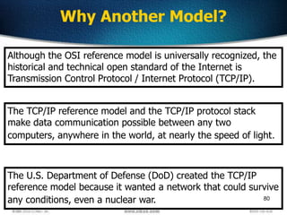 80
Why Another Model?
Although the OSI reference model is universally recognized, the
historical and technical open standard of the Internet is
Transmission Control Protocol / Internet Protocol (TCP/IP).
The TCP/IP reference model and the TCP/IP protocol stack
make data communication possible between any two
computers, anywhere in the world, at nearly the speed of light.
The U.S. Department of Defense (DoD) created the TCP/IP
reference model because it wanted a network that could survive
any conditions, even a nuclear war.
 