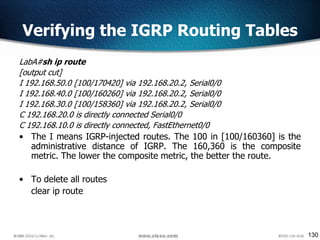 130
Verifying the IGRP Routing Tables
LabA#sh ip route
[output cut]
I 192.168.50.0 [100/170420] via 192.168.20.2, Serial0/0
I 192.168.40.0 [100/160260] via 192.168.20.2, Serial0/0
I 192.168.30.0 [100/158360] via 192.168.20.2, Serial0/0
C 192.168.20.0 is directly connected Serial0/0
C 192.168.10.0 is directly connected, FastEthernet0/0
• The I means IGRP-injected routes. The 100 in [100/160360] is the
administrative distance of IGRP. The 160,360 is the composite
metric. The lower the composite metric, the better the route.
• To delete all routes
clear ip route
 
